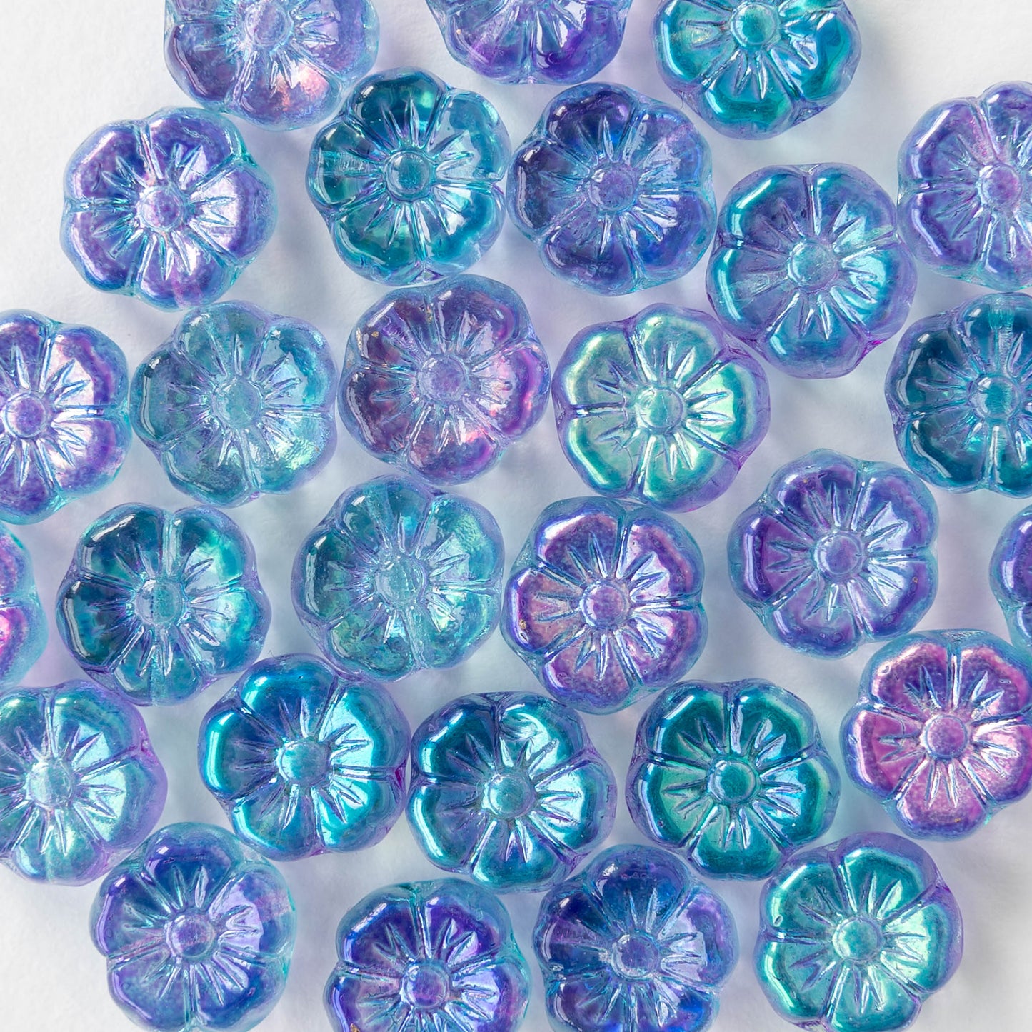 10mm Glass Flower Beads - Blue Purple Metallic Mix - 10 or 20 Beads