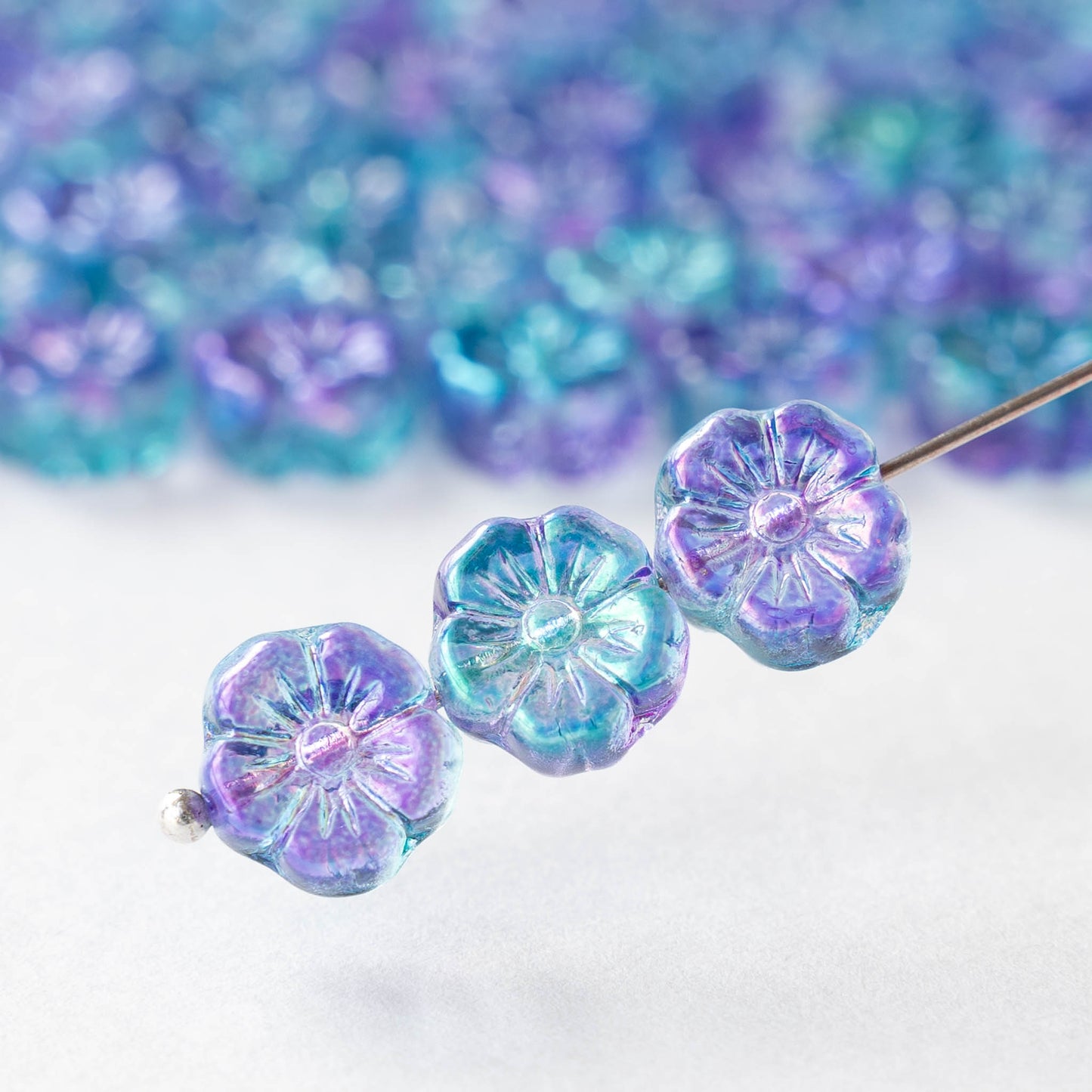 10mm Glass Flower Beads - Blue Purple Metallic Mix - 10 or 20 Beads
