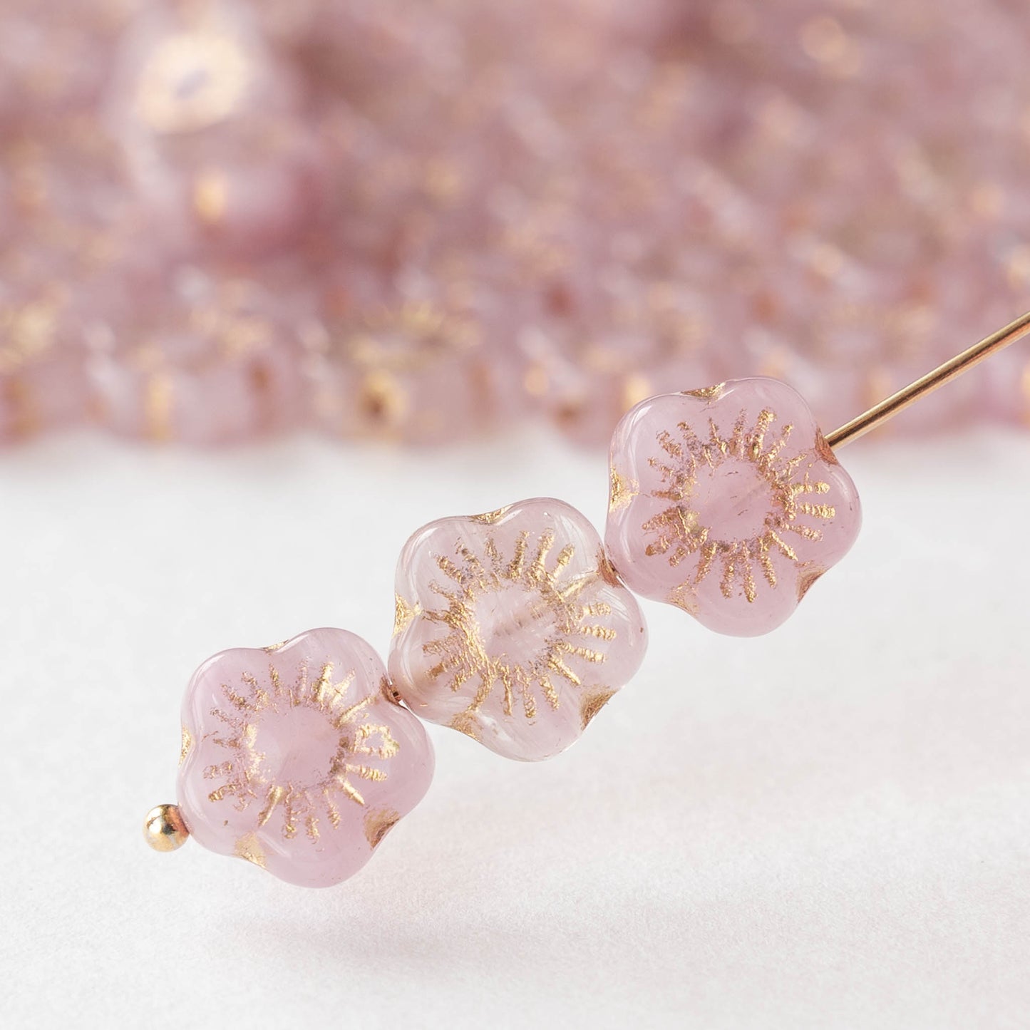 10mm Glass Mallow Flower Beads - Light Pink with Gold Wash - 10 or 20 Beads