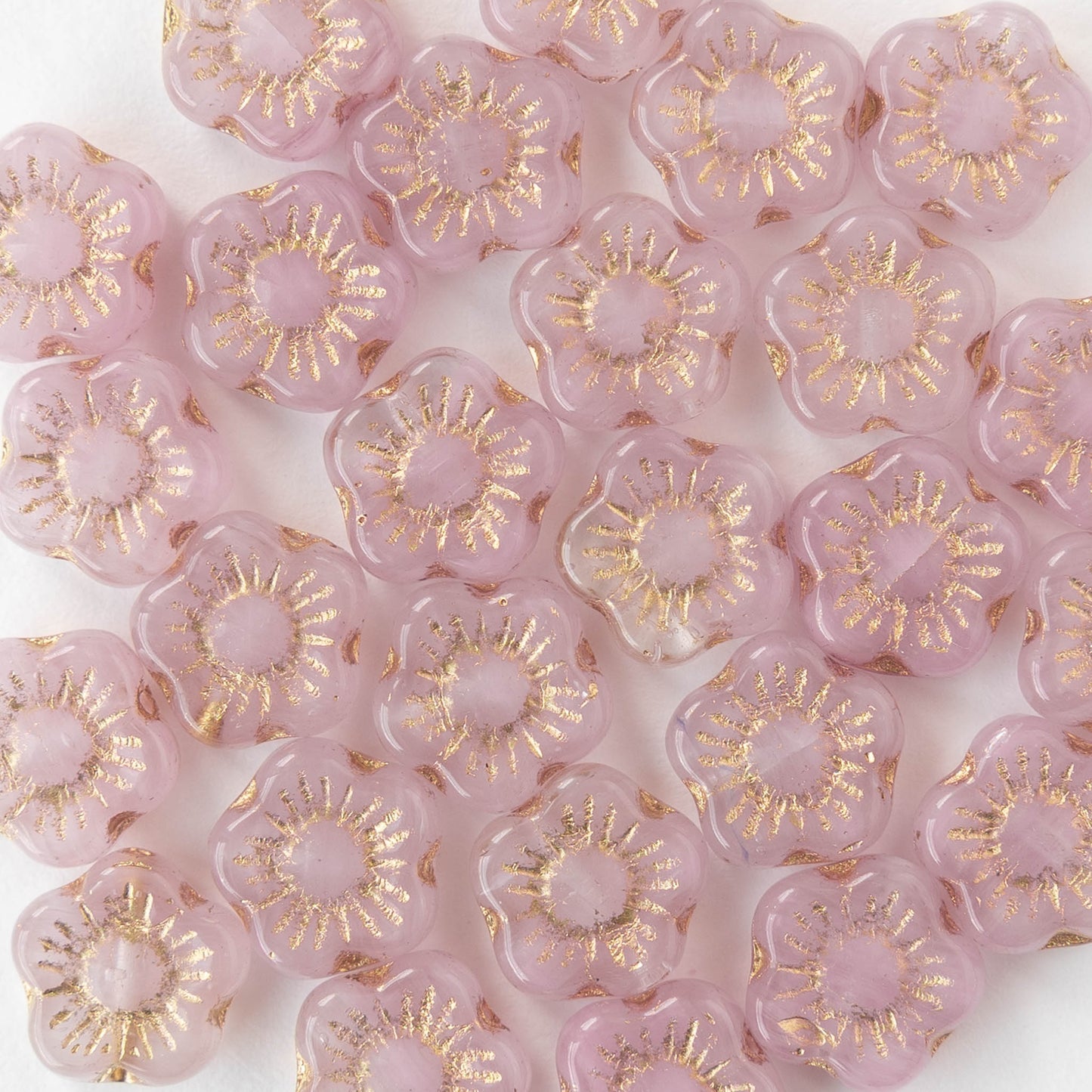 10mm Glass Mallow Flower Beads - Light Pink with Gold Wash - 10 or 20 Beads