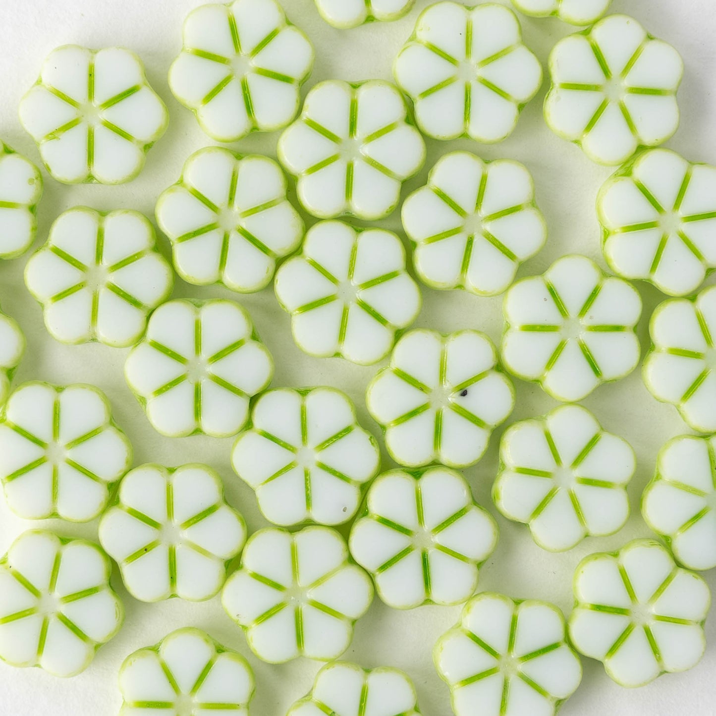 10mm Glass Forget Me Not Flower Beads - White with Green Wash - 10 or 20 beads