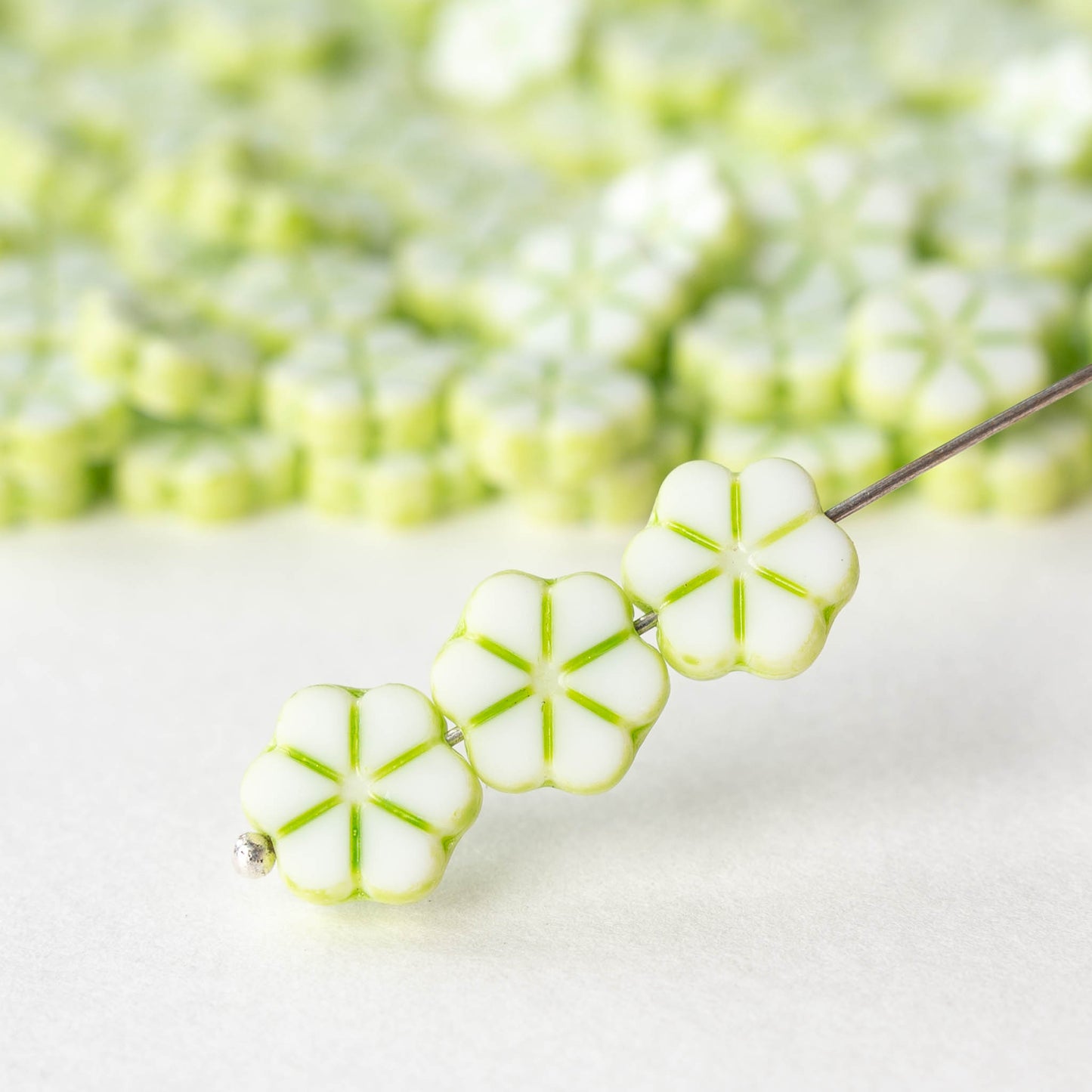 10mm Glass Forget Me Not Flower Beads - White with Green Wash - 10 or 20 beads