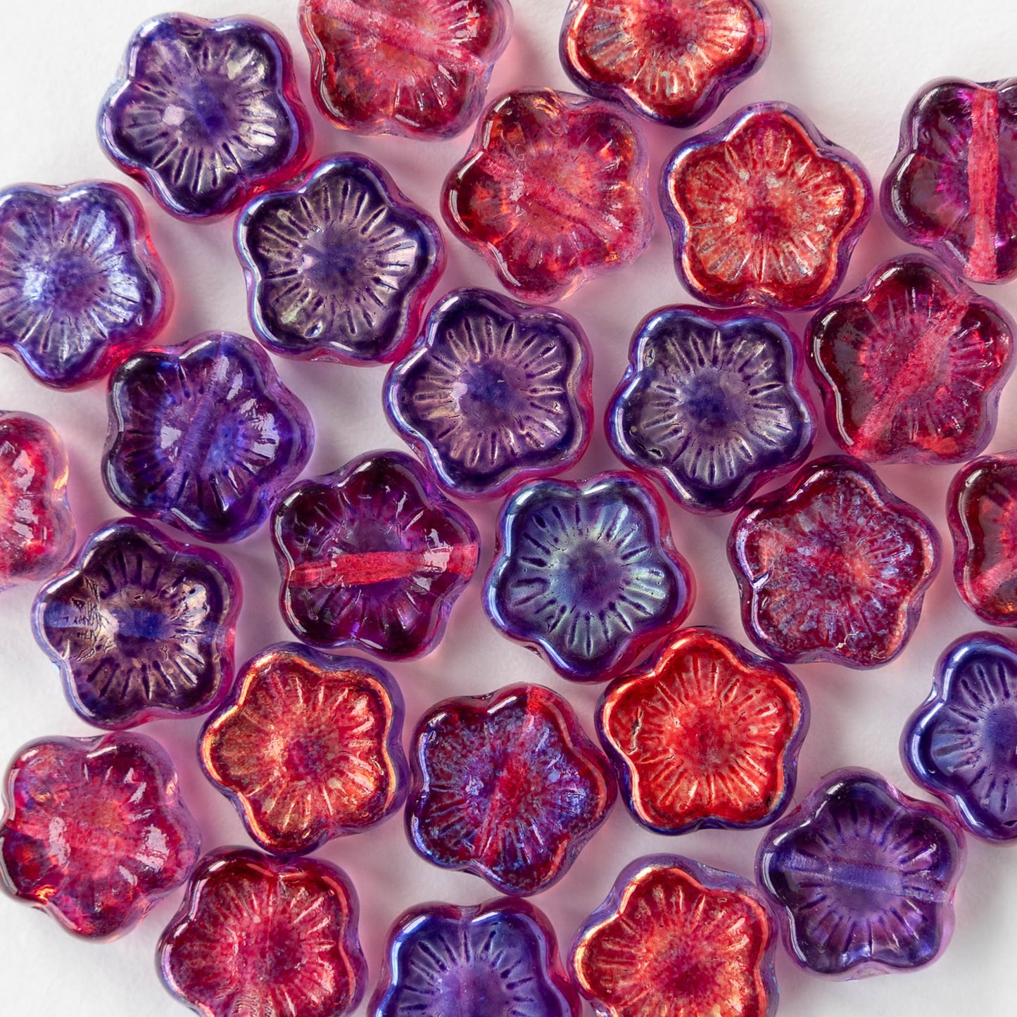 10mm Glass Mallow Flower Beads - Pink Purple Metallic Mix - 10 or 20 Beads