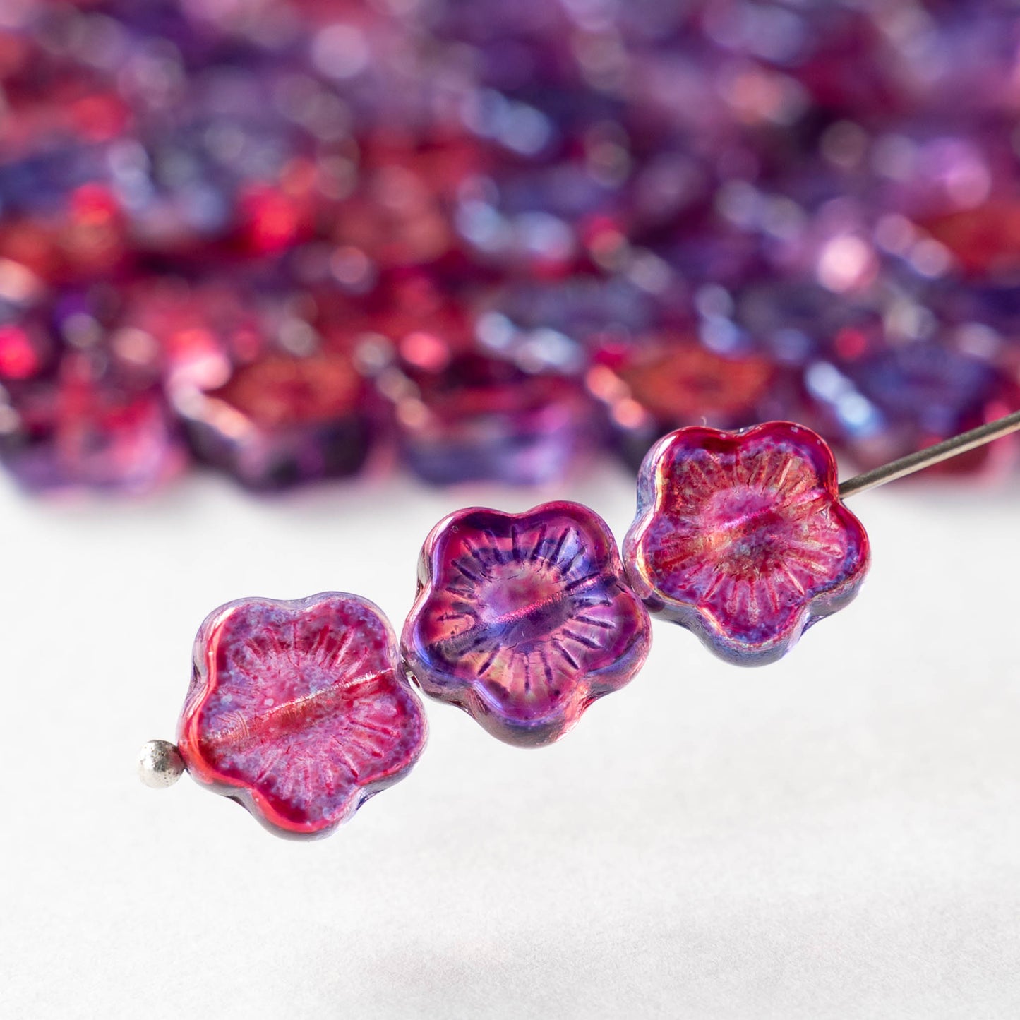 10mm Glass Mallow Flower Beads - Pink Purple Metallic Mix - 10 or 20 Beads