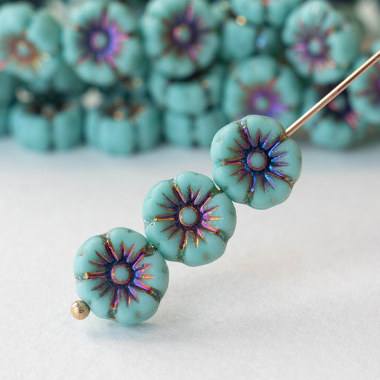 10mm Glass Pansy Flower Beads - Turquoise - 16 Beads
