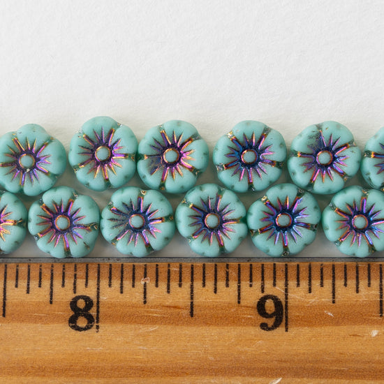 10mm Glass Pansy Flower Beads - Turquoise - 16 Beads