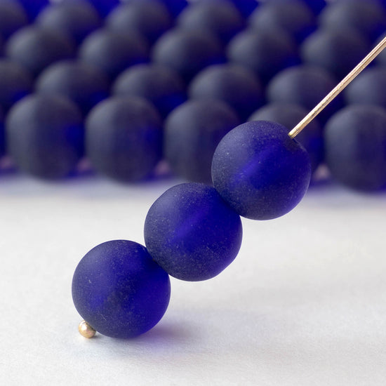 12mm Frosted Glass Round Beads - Cobalt Blue - 12 or 36