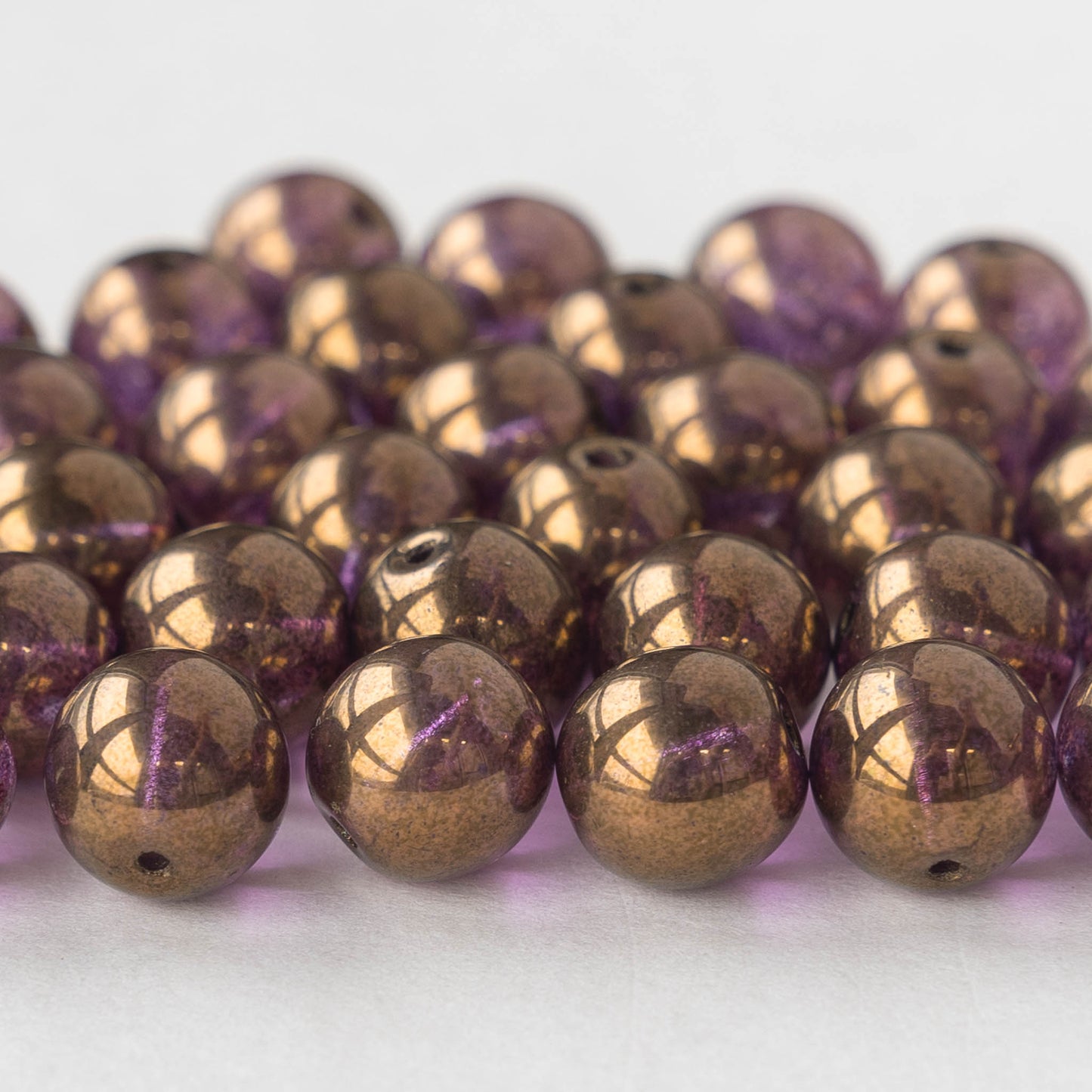 10mm Round Glass Beads - Violet Purple Gold Luster - 10 Beads