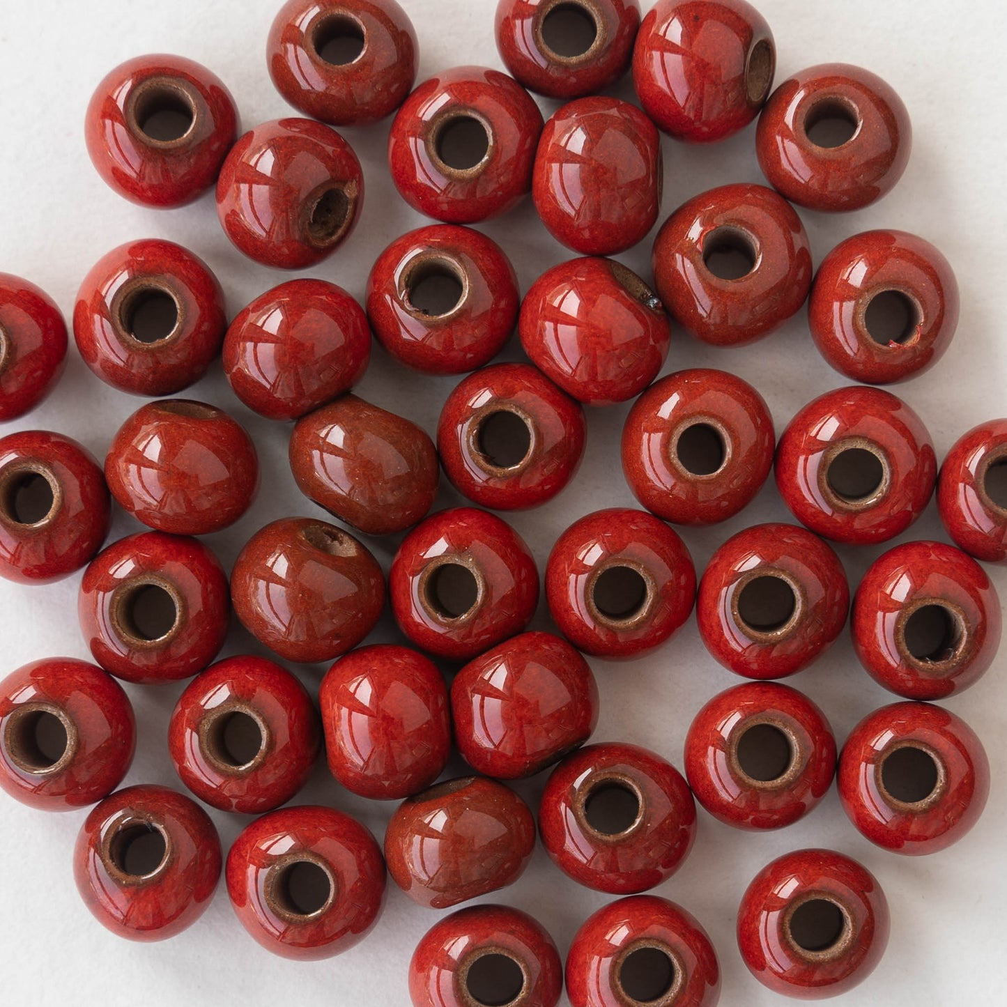 10mm Glazed Ceramic Round Beads - Opaque Crimson Red - 6 or 18