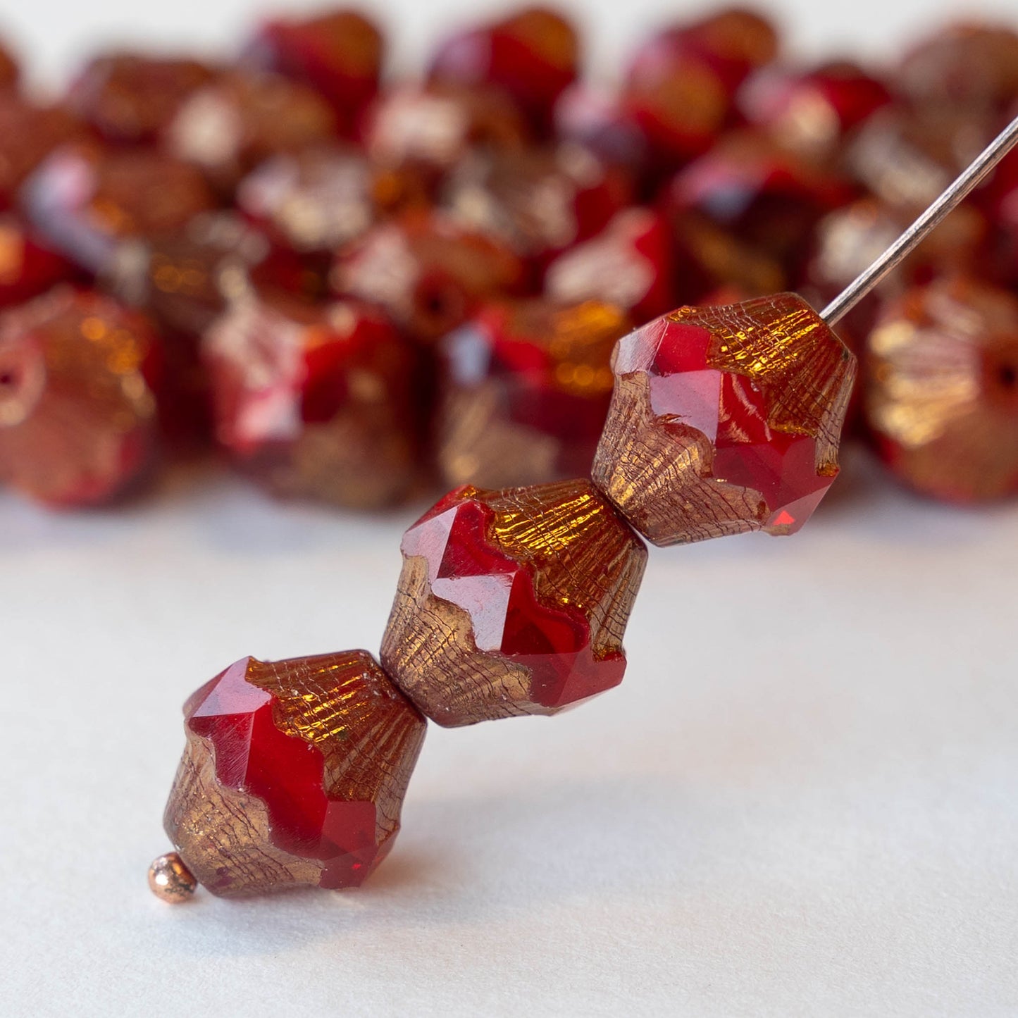 11x10mm Bicone Beads - Red Mix with Copper - 6 Beads