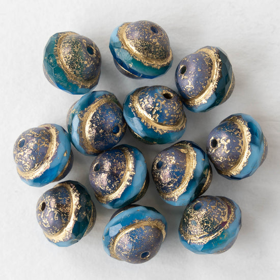 10x12mm Saturn Beads - Teal and Sky Blue with Bronze and Gold Etched - 6 Beads