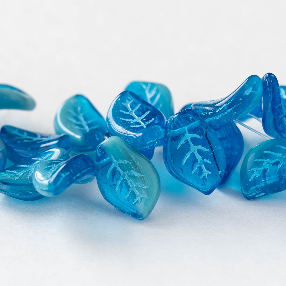 14x10mm Leaf Beads - Blue Mix with Lt. Blue Wash - 12