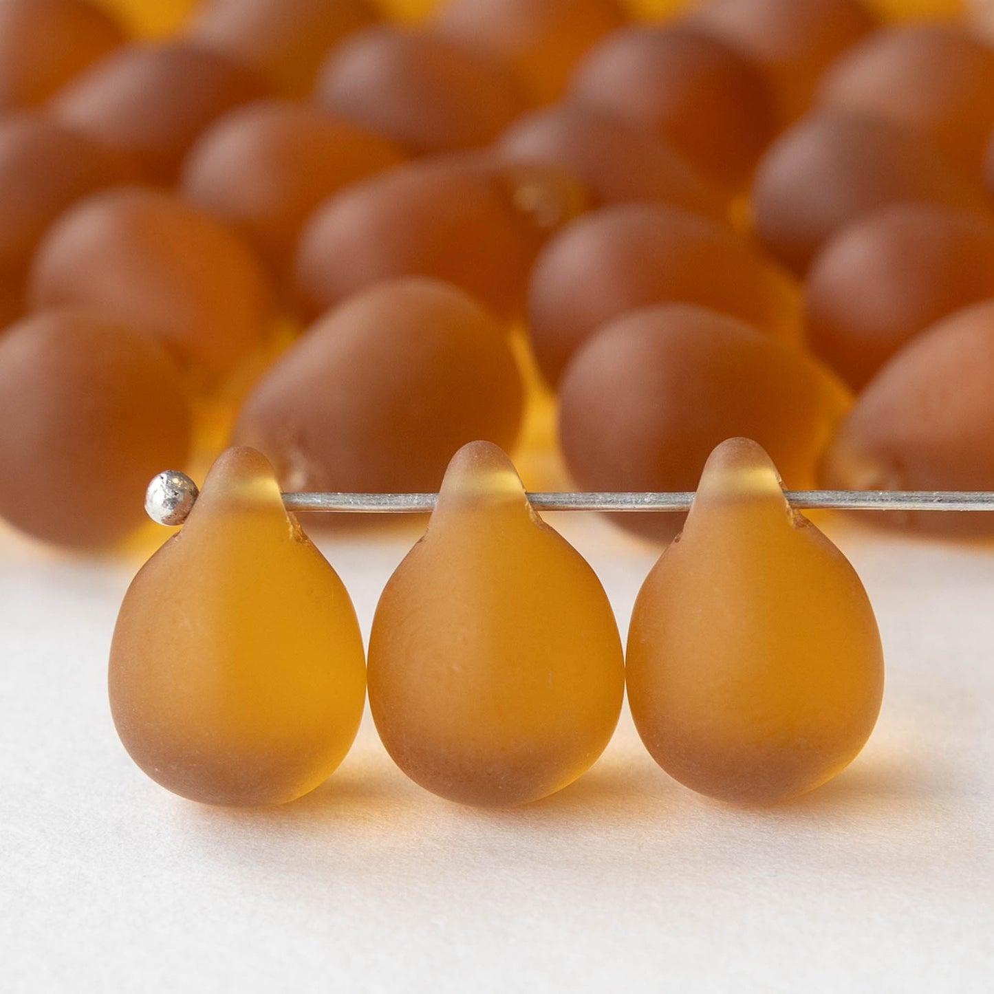 10x14mm Glass Teardrop Beads - Honey Bee Amber Matte -