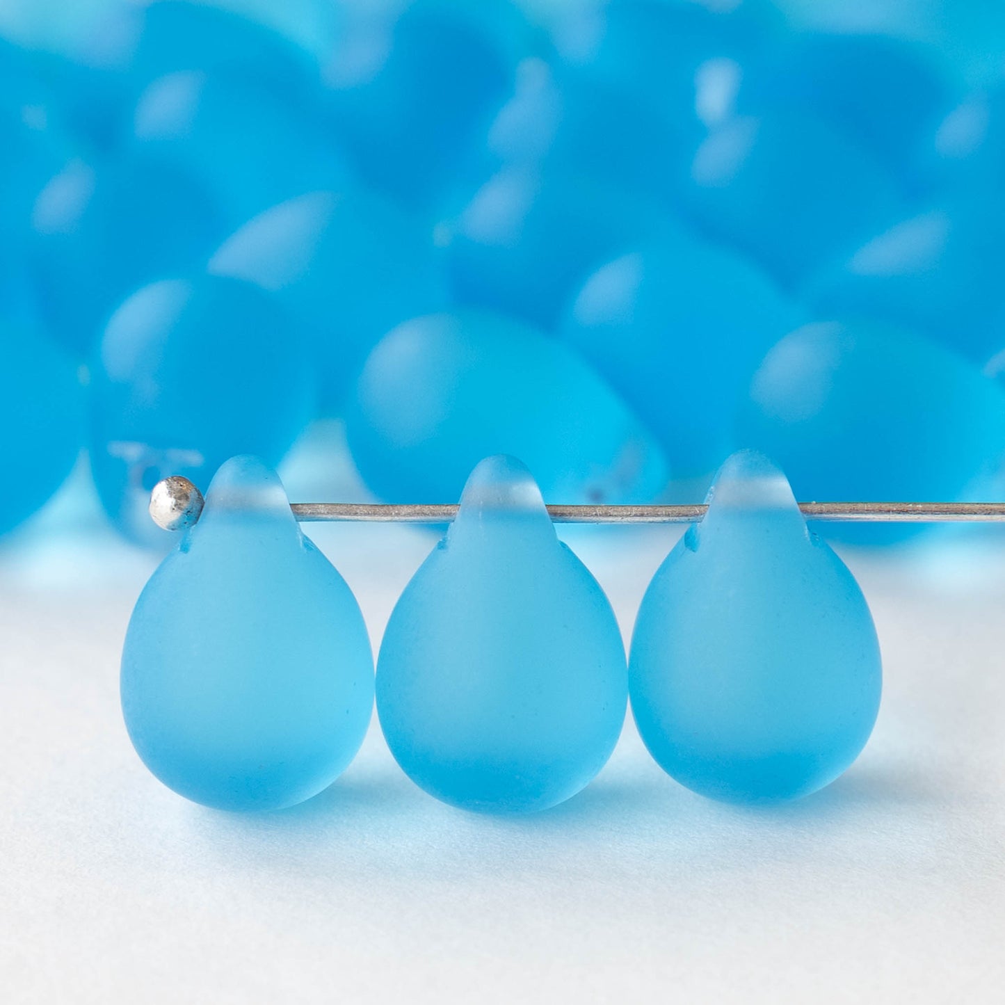 10x14mm Frosted Glass Teardrop Beads - Aqua