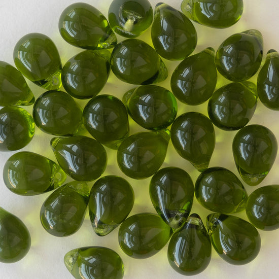 10x14mm Glass Teardrop Beads - Olive Green