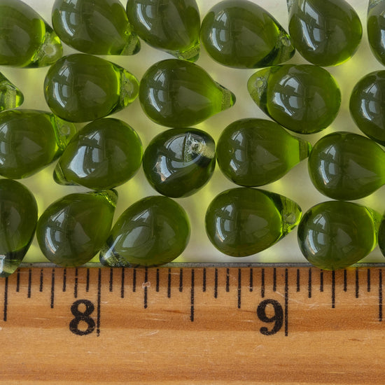 10x14mm Glass Teardrop Beads - Olive Green