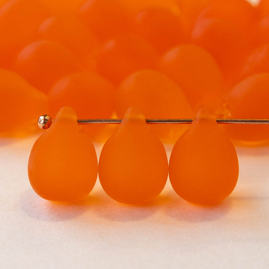 10x14mm Glass Teardrop Beads - Orange Matte - 12 beads