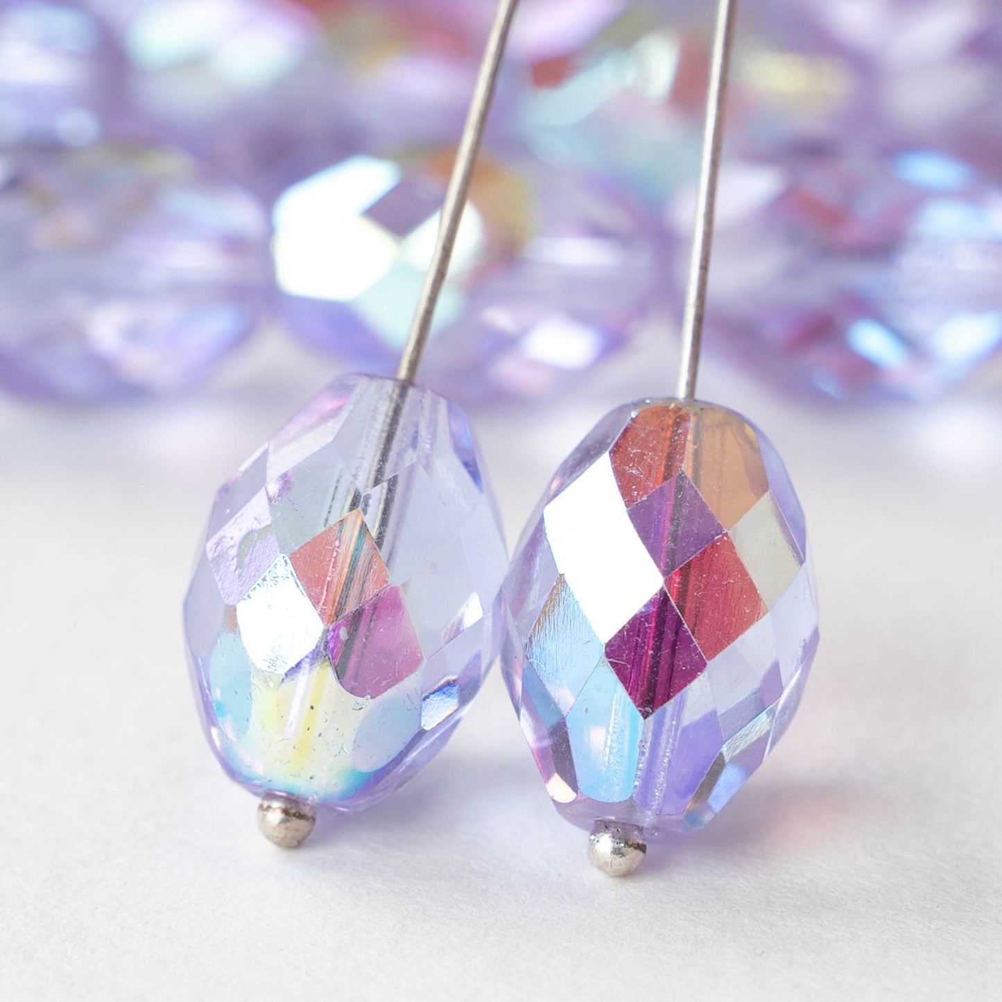 10x15mm Firepolished Glass Oval Beads - Transparent Lavender AB - 4 beads