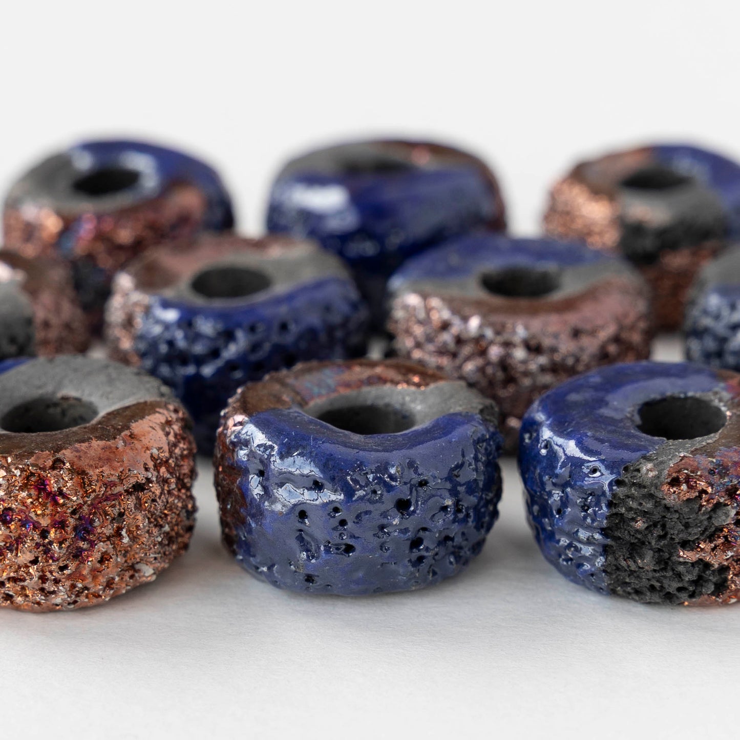 10x17mm Ceramic Raku Donut Beads - Metallic Midnight - 1 or 4 beads