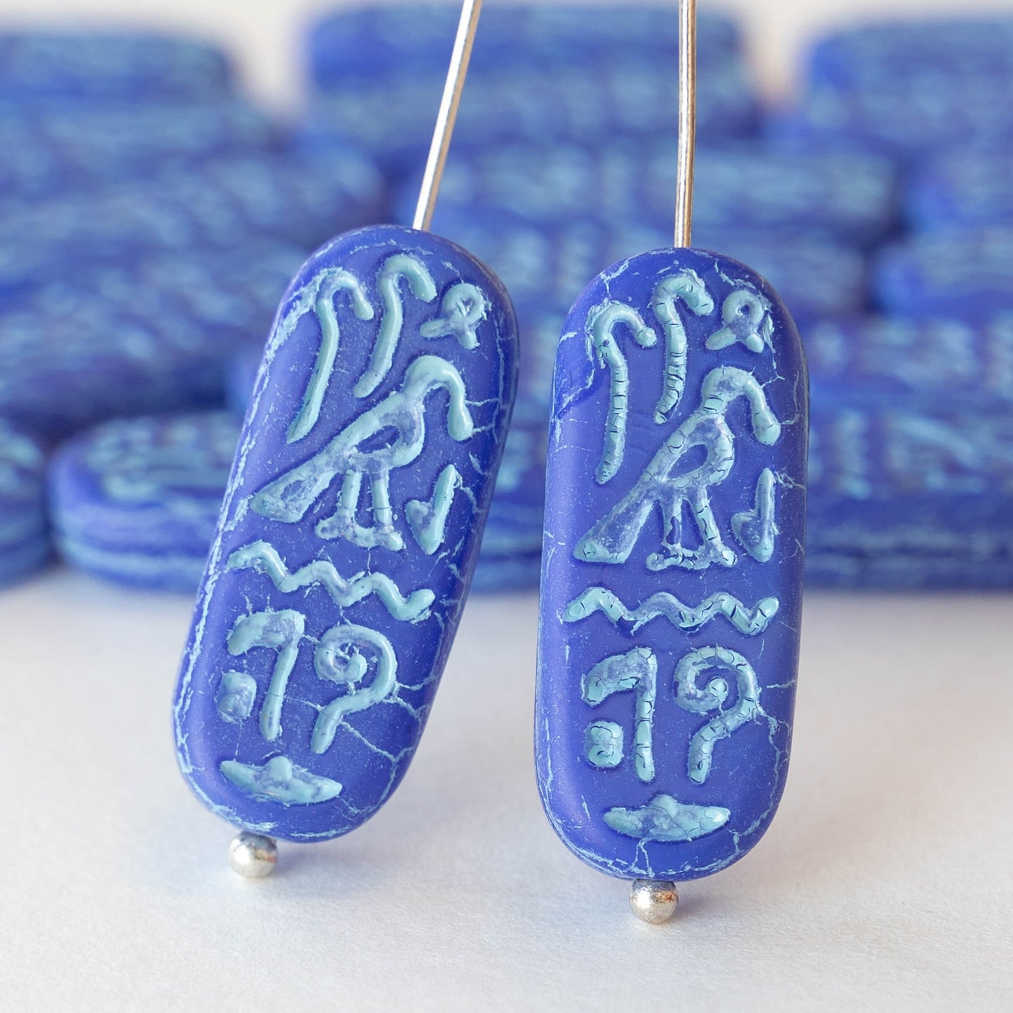 10x25mm Cartouche Beads - Lapis Blue Opaque Matte with Aqua Wash  - 4