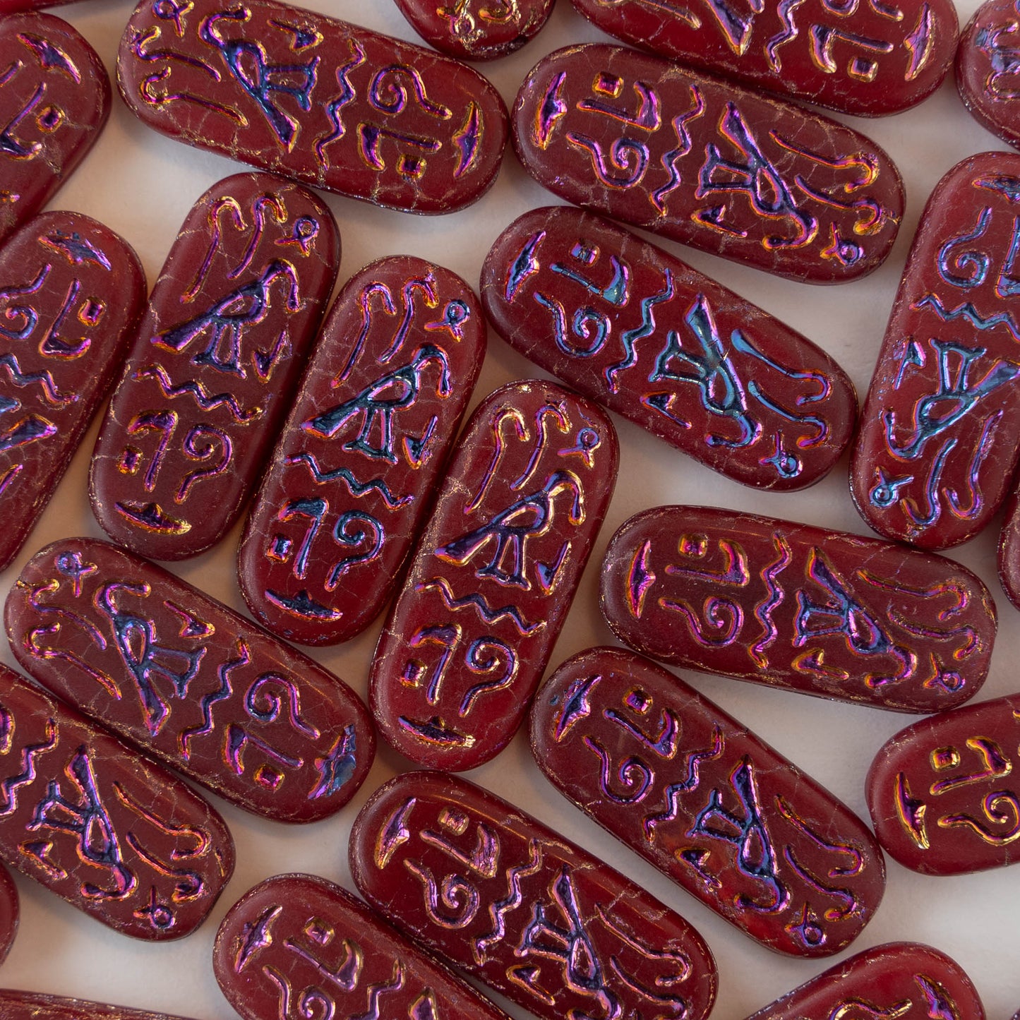 10x25mm Cartouche Beads -  Red Opaline Matte with Iridescent Purple/Blue Finish - 4