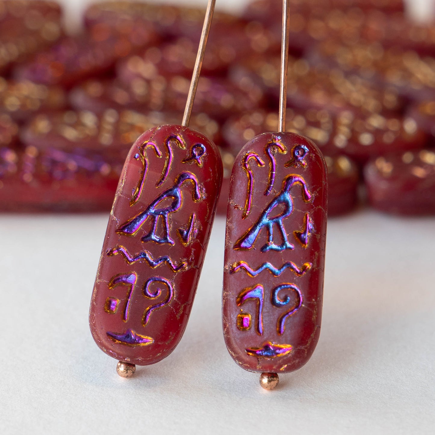 10x25mm Cartouche Beads -  Red Opaline Matte with Iridescent Purple/Blue Finish - 4