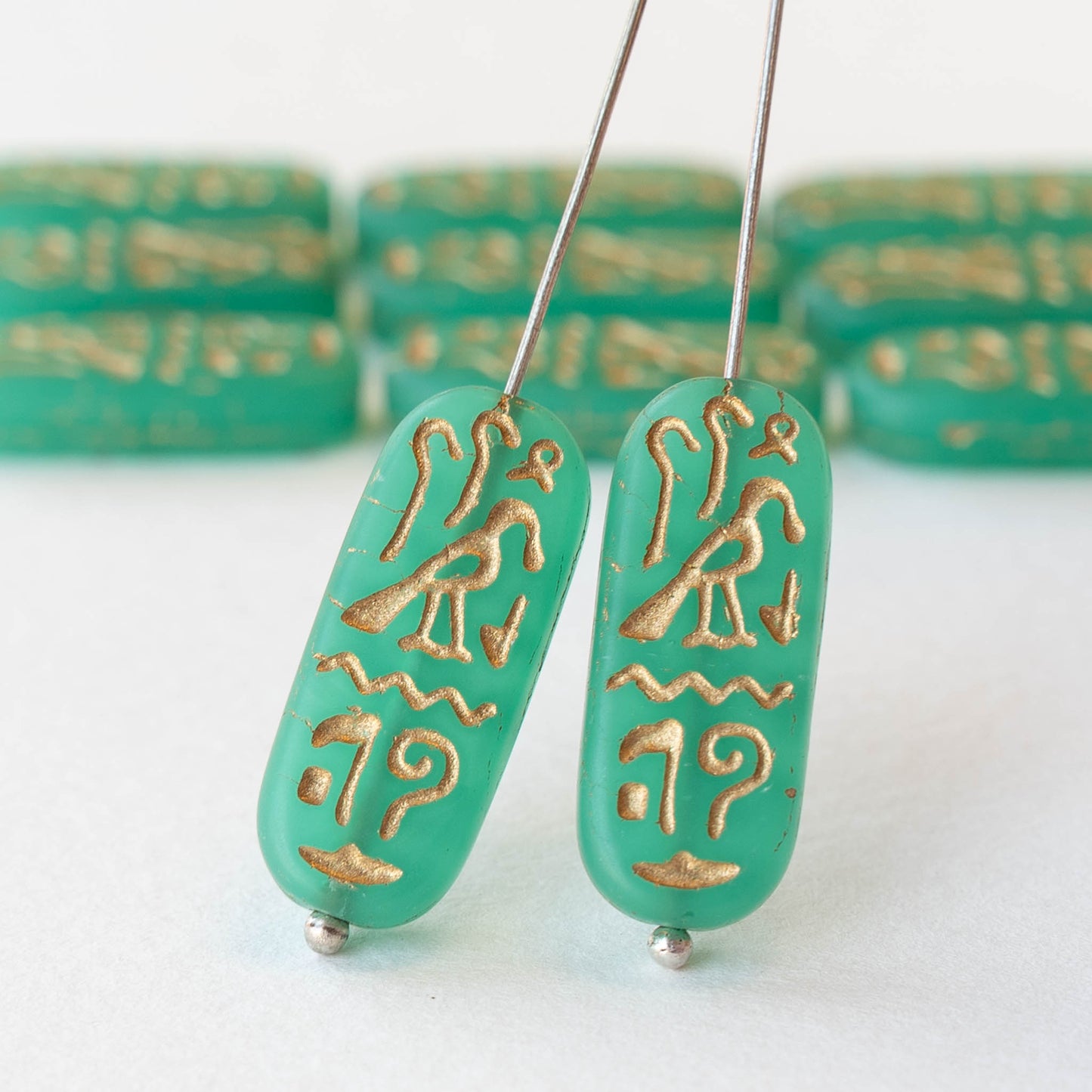 10x25mm Cartouche Beads - Seafoam Opaline with Gold Wash  - 4 Beads