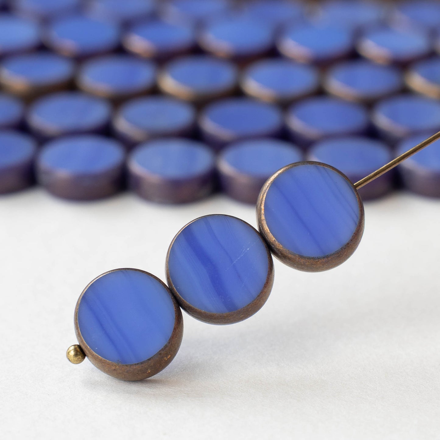 11mm Glass Coin Beads - Opaque Cornflower Blue with Bronze - 6 or 18 beads