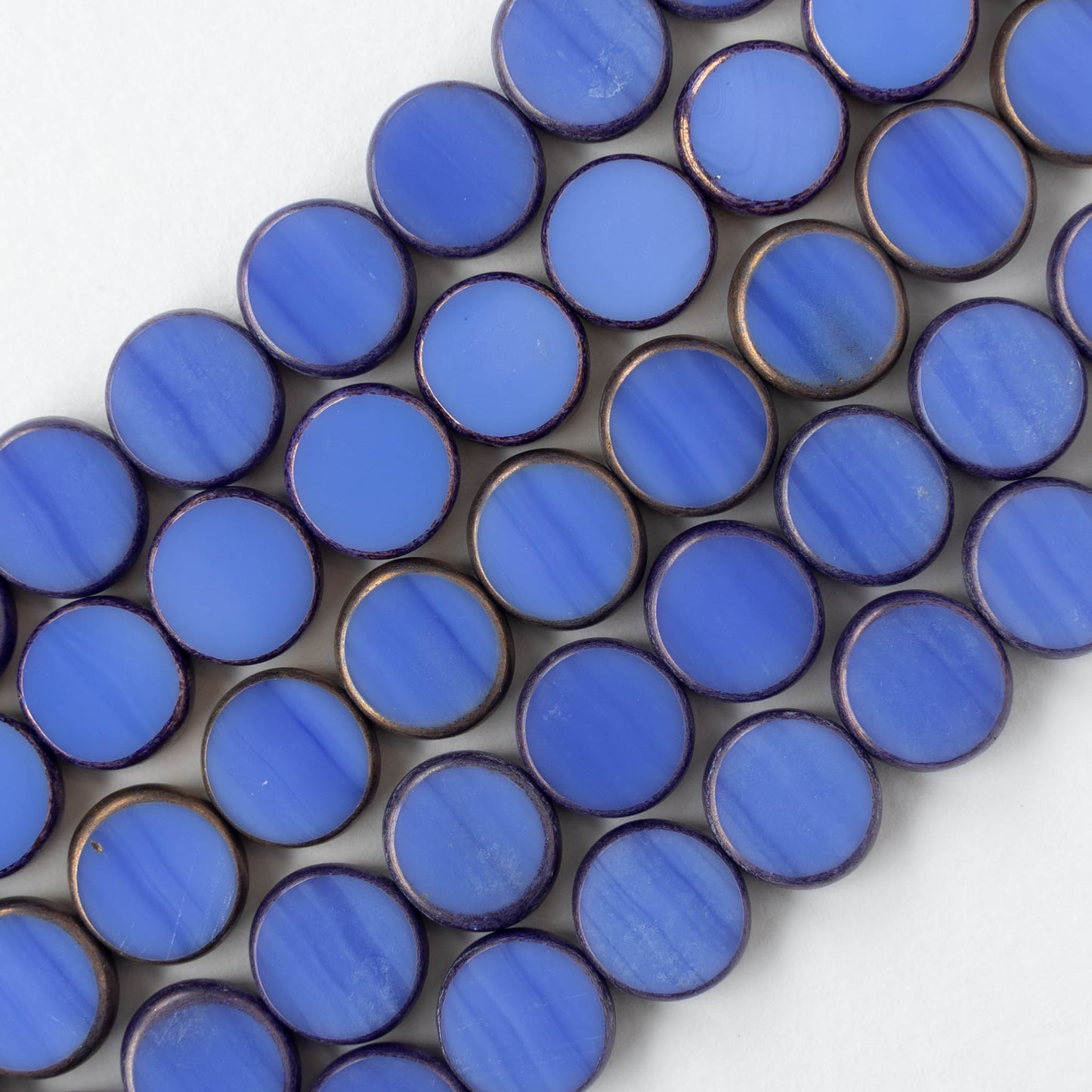 11mm Glass Coin Beads - Opaque Cornflower Blue with Bronze - 6 or 18 beads