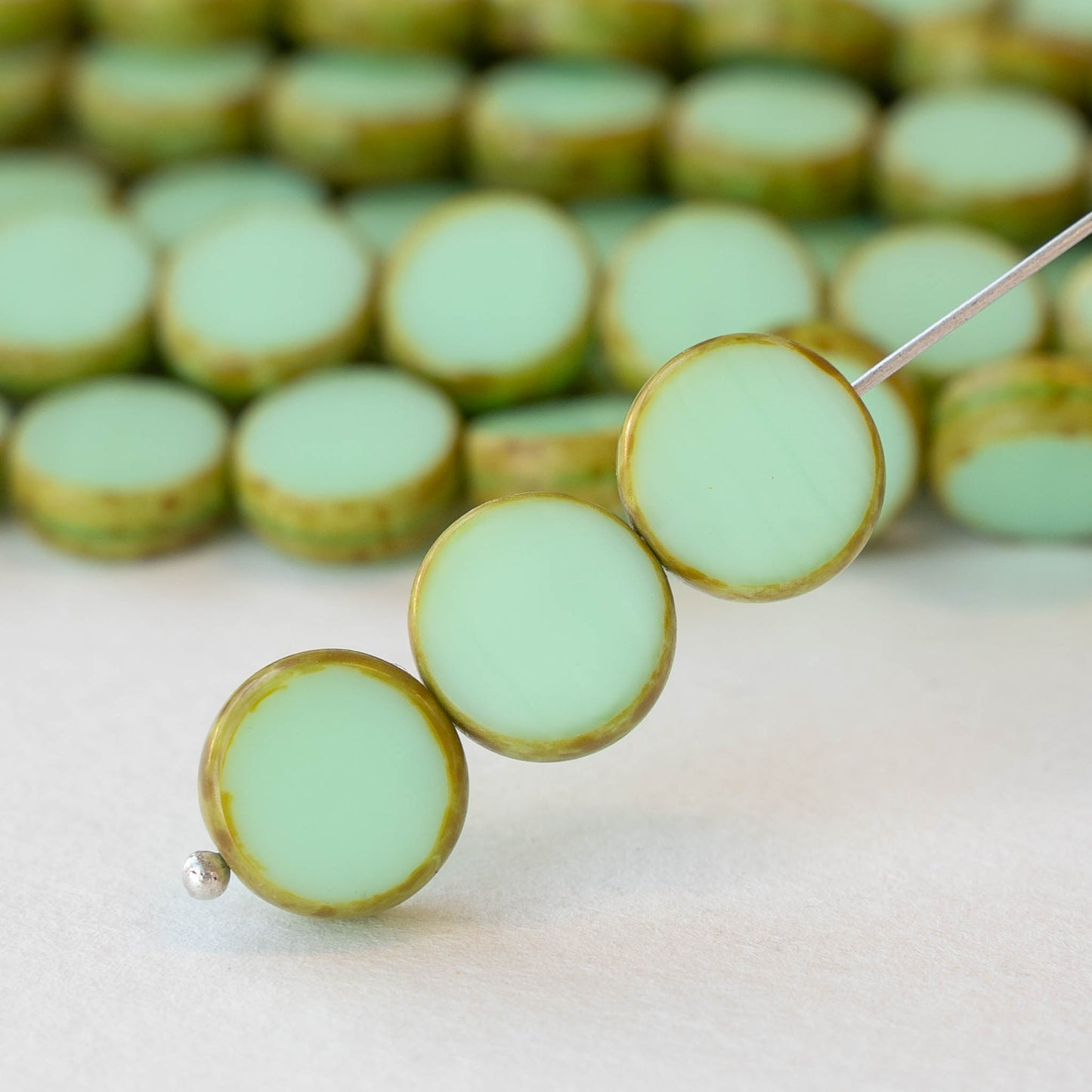 11mm Coin Beads - Opaque Lt. Green with Picasso - 6 or 12 beads