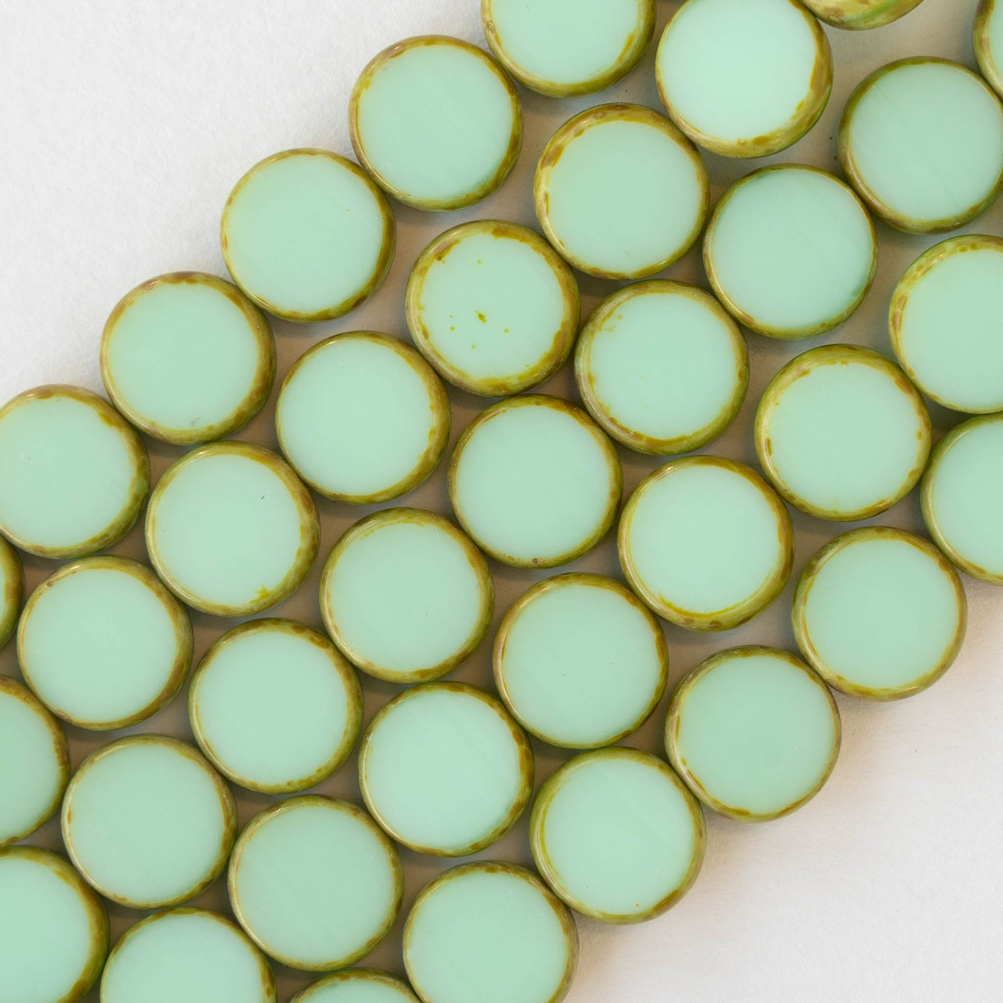 11mm Coin Beads - Opaque Lt. Green with Picasso - 6 or 12 beads