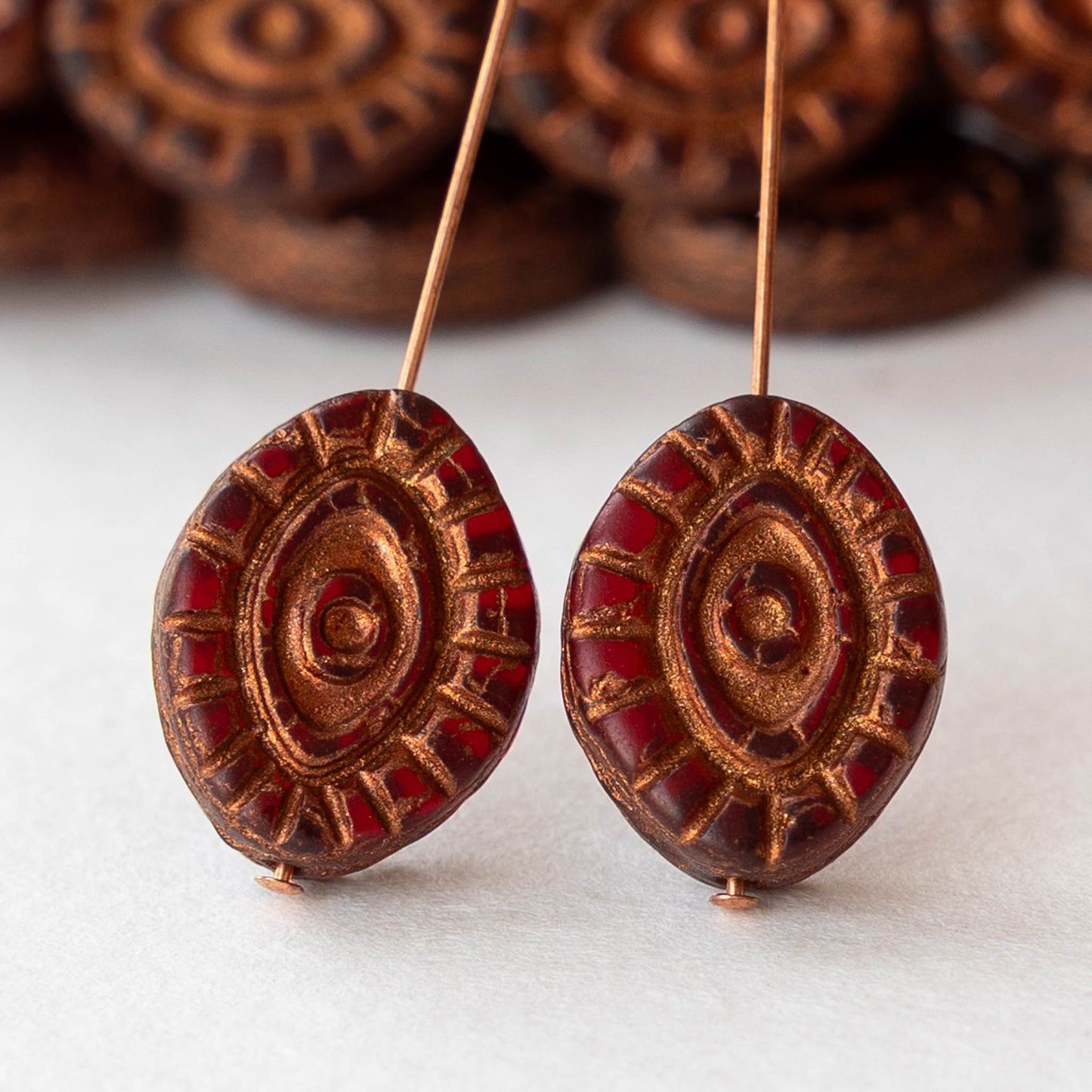 11x14mm Eye Beads - Opaque Dark Red with Copper Wash - 4 or 8 Beads