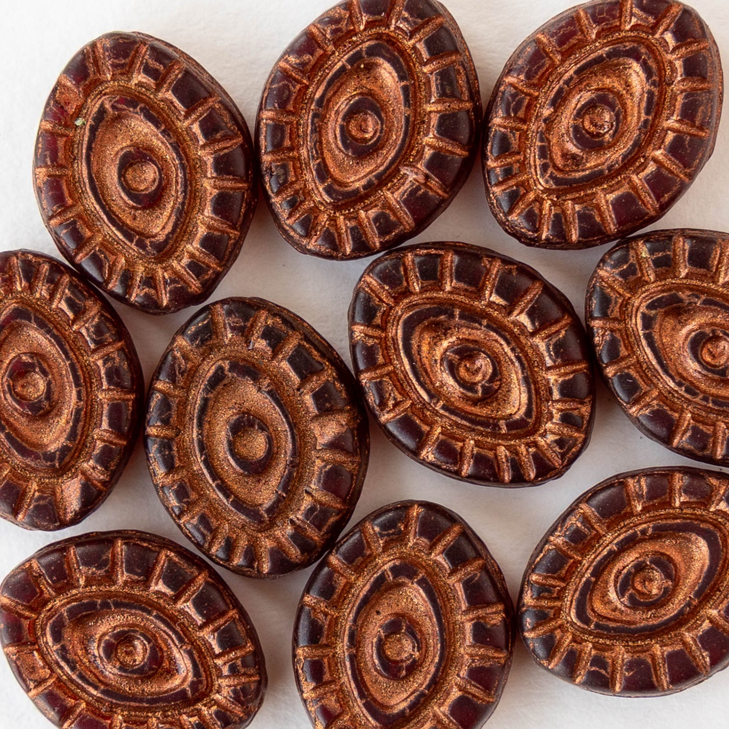 11x14mm Eye Beads - Opaque Dark Red with Copper Wash - 4 or 8 Beads