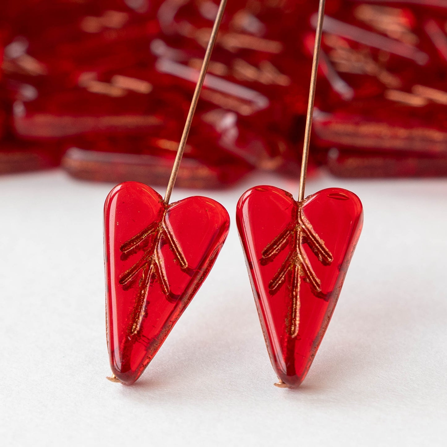 11x16mm Glass Heart Bead - Red with Copper Wash - 10 or 20 beads