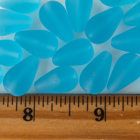 11x18mm Long Drilled Drops - Frosted Aqua Blue - 20 Beads
