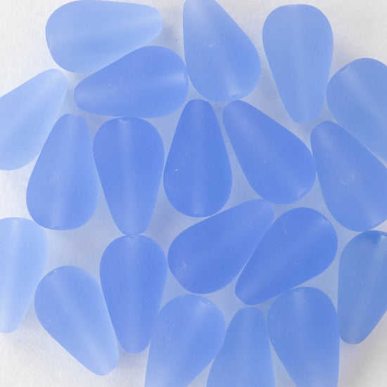11x18mm Long Drilled Drops - Frosted Sapphire Blue - 20 Beads