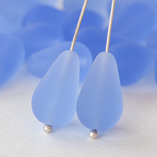 11x18mm Long Drilled Drops - Frosted Sapphire Blue - 20 Beads