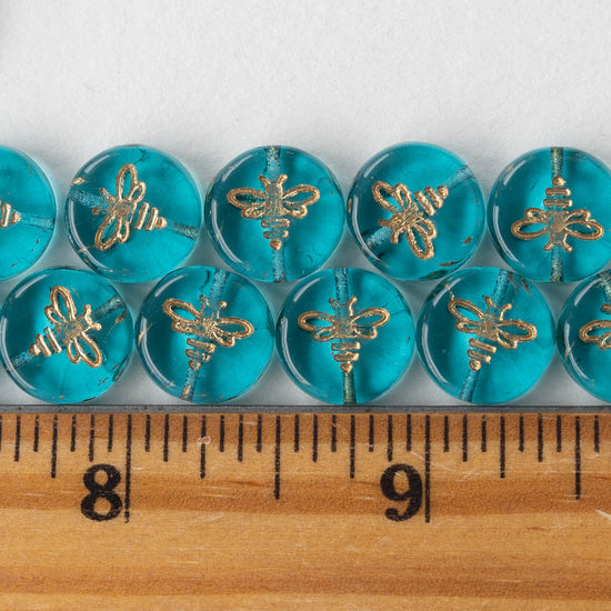 12mm Bee Coin Beads - Aqua - 12 beads