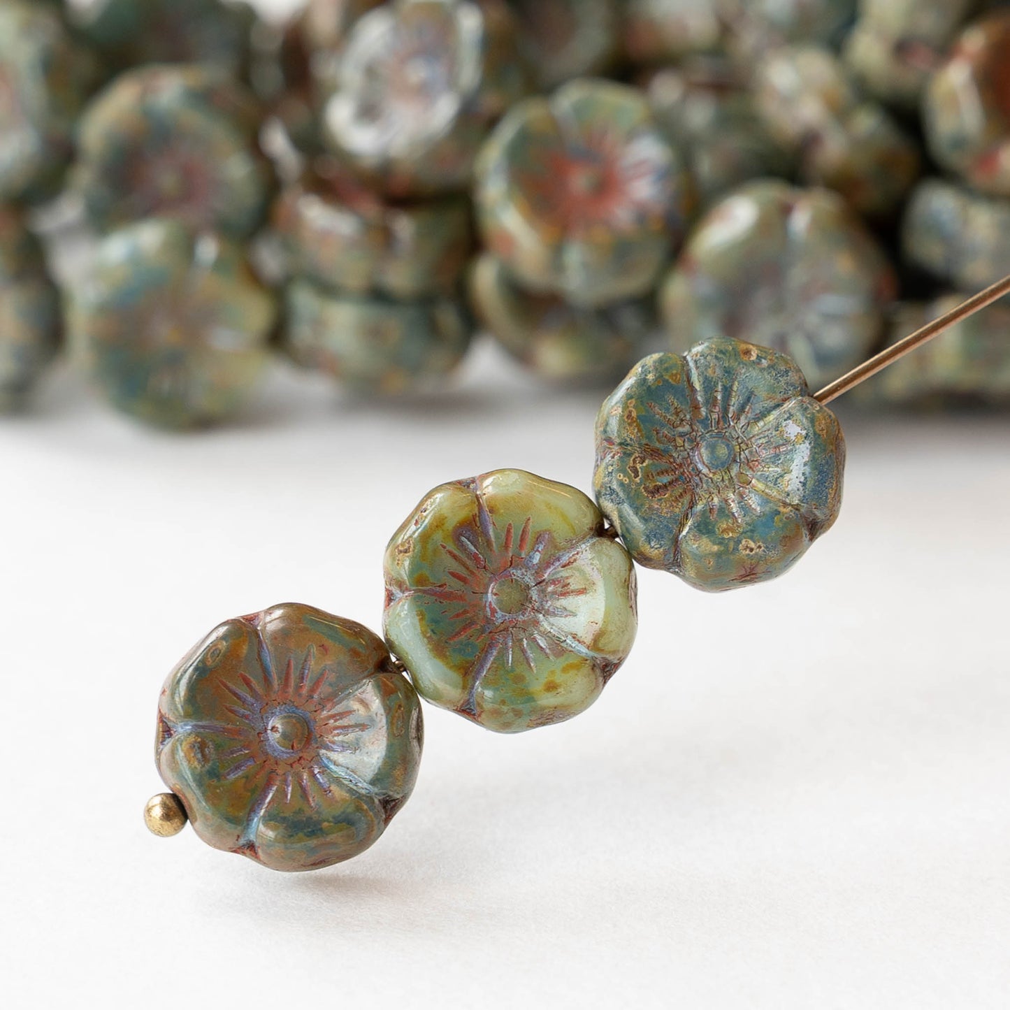 12mm Glass Flower Beads - Green Picasso - 6 or 12 beads
