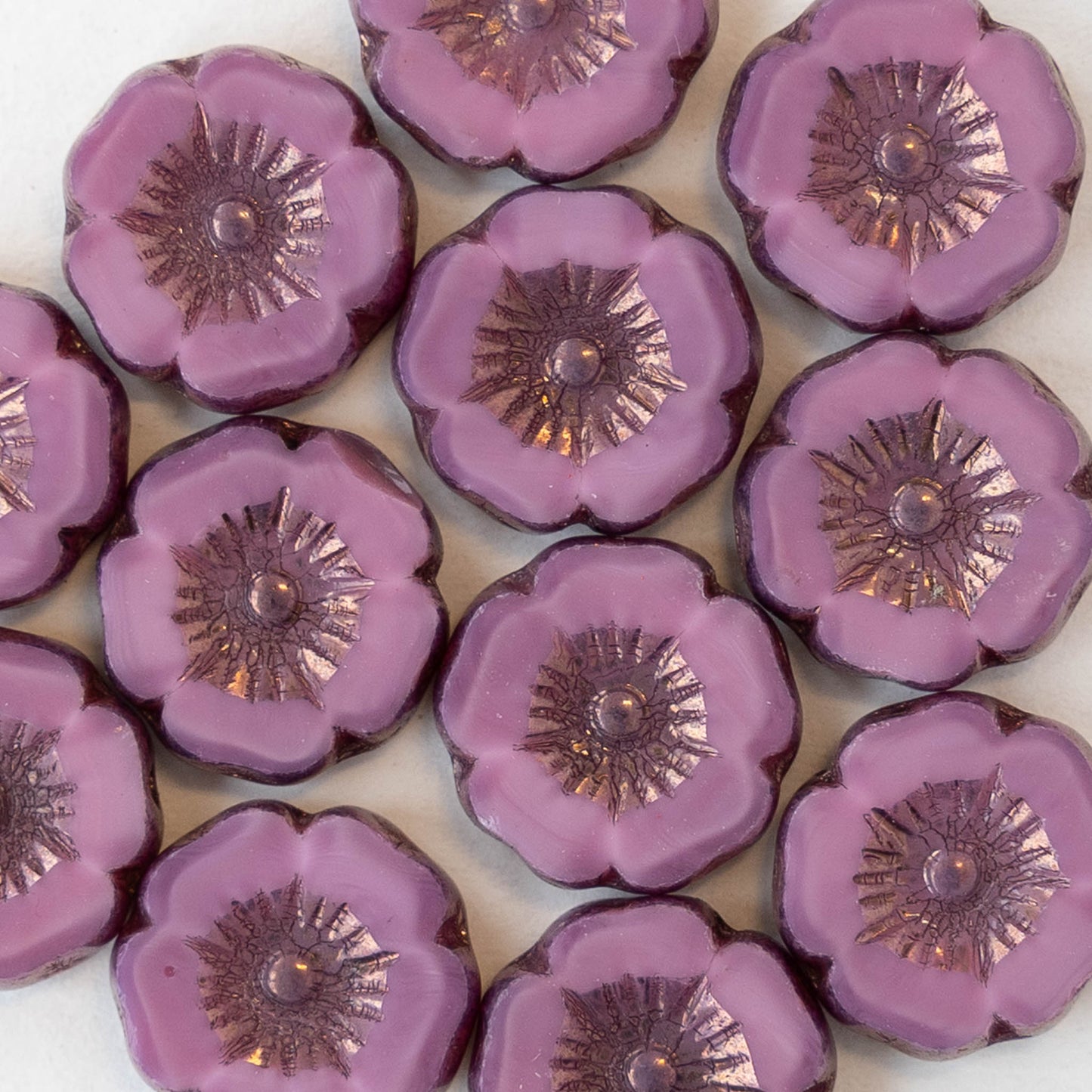 12mm Table Cut Glass Hibiscus Flower Beads - Opaque Pink Silk with Bronze Wash - 6 or 12 Beads