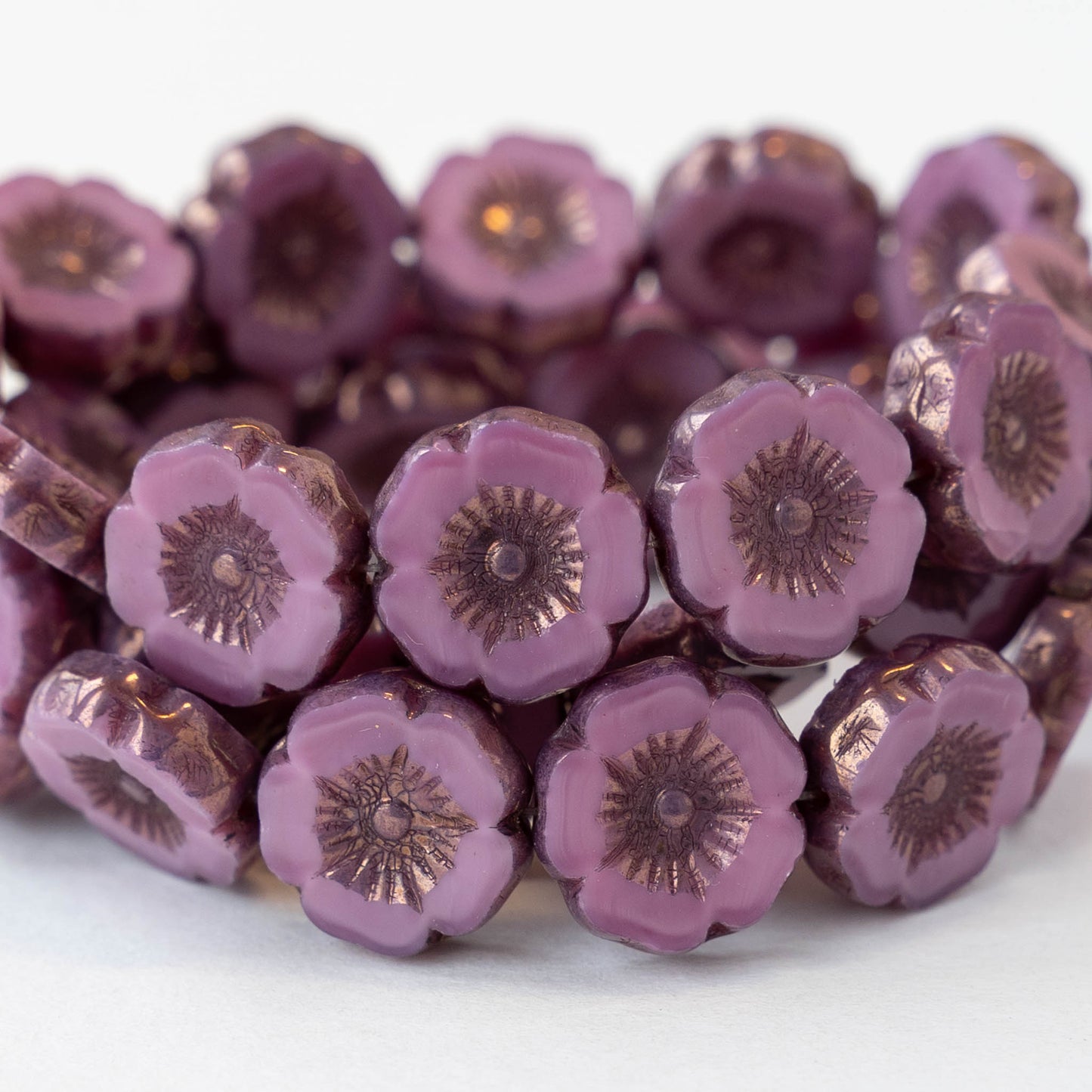 12mm Table Cut Glass Hibiscus Flower Beads - Opaque Pink Silk with Bronze Wash - 6 or 12 Beads