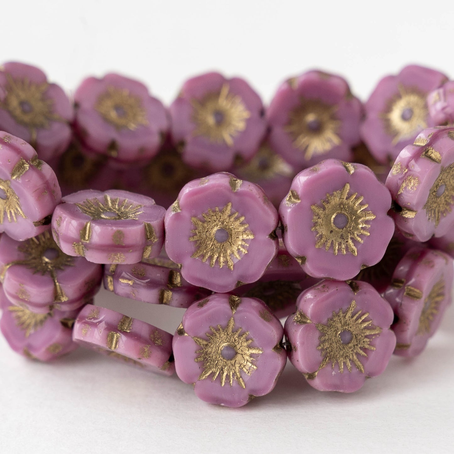 12mm Table Cut Glass Hibiscus Flower Beads - Opaque Pink Silk with Gold Wash - 6 or 12 Beads