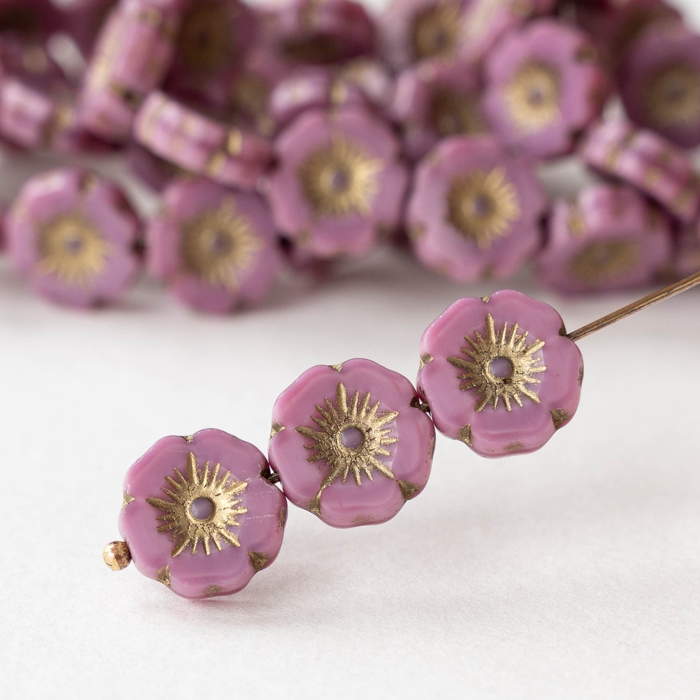 12mm Table Cut Glass Hibiscus Flower Beads - Opaque Pink Silk with Gold Wash - 6 or 12 Beads