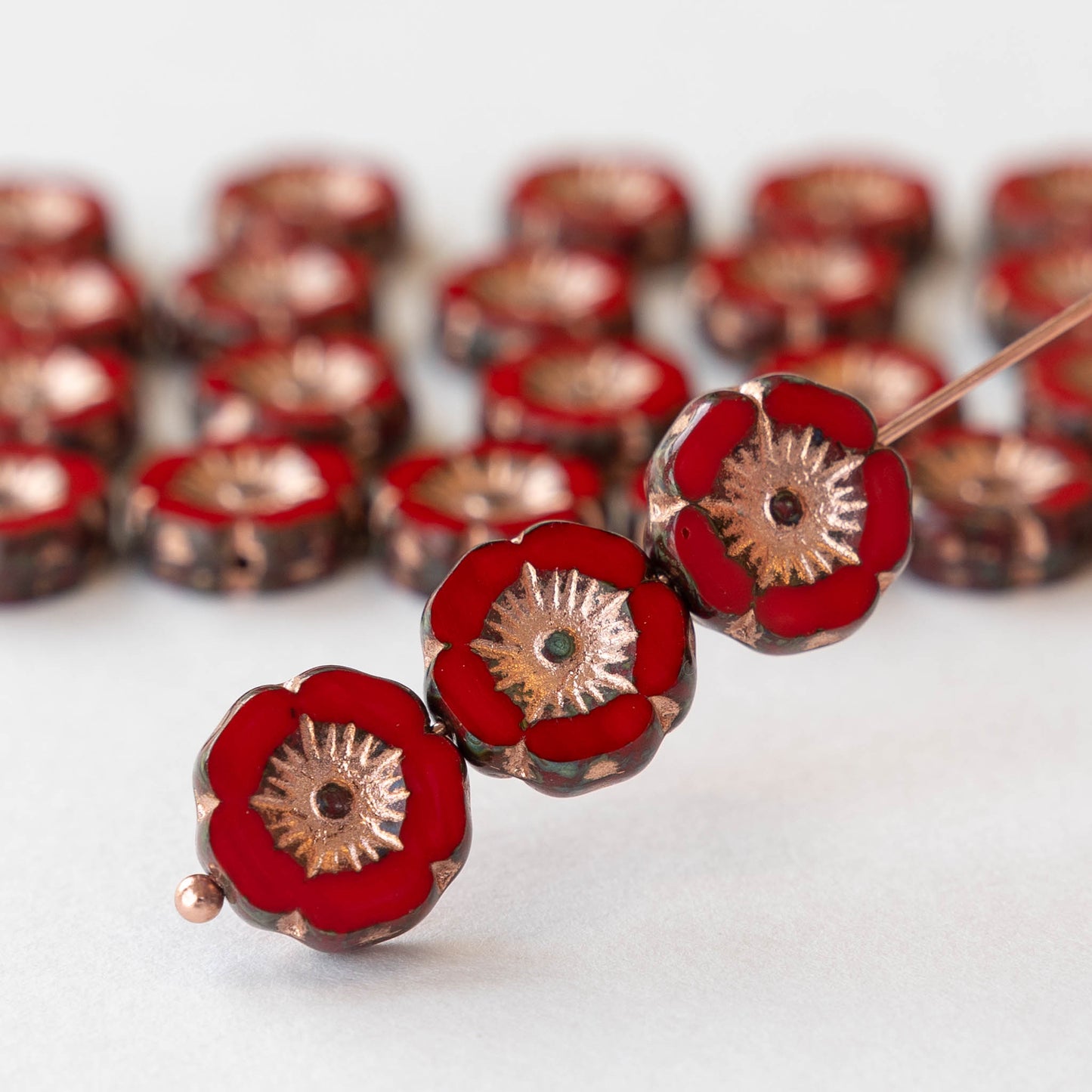 12mm Glass Flower Beads - Opaque Red with Copper Wash - 12 beads
