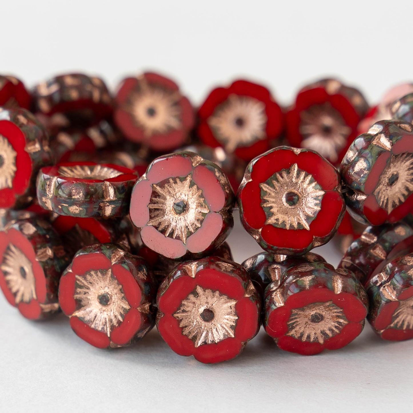 12mm Glass Flower Beads - Opaque Red with Copper Wash - 12 beads