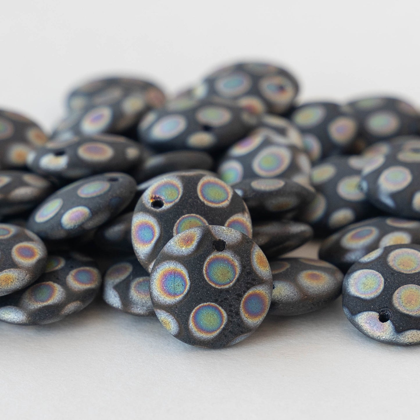 12mm Lentil Drop - Black Matte Peacock - 10 beads