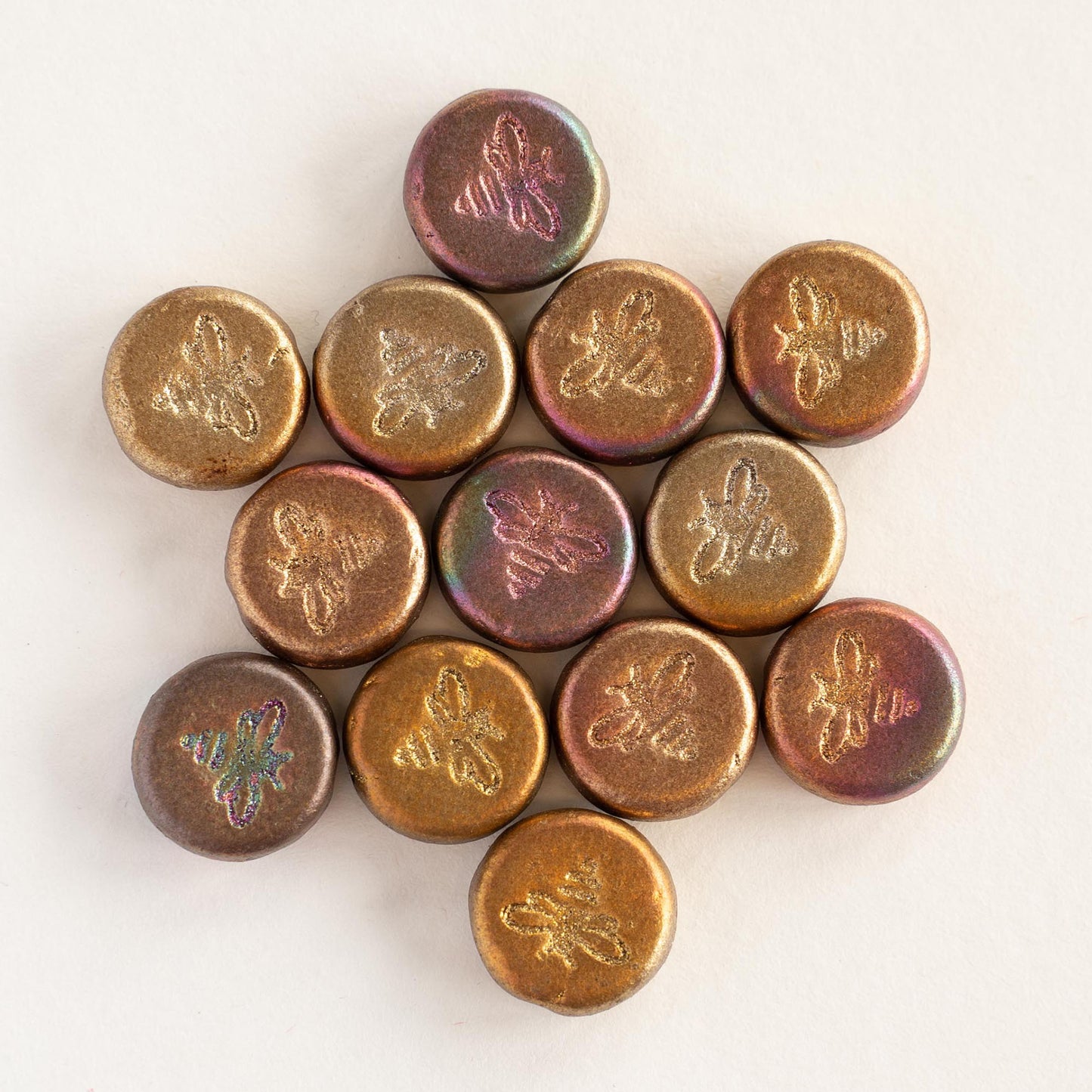 12mm Bee Coin Beads - Metallic Gold Iris - 12 beads
