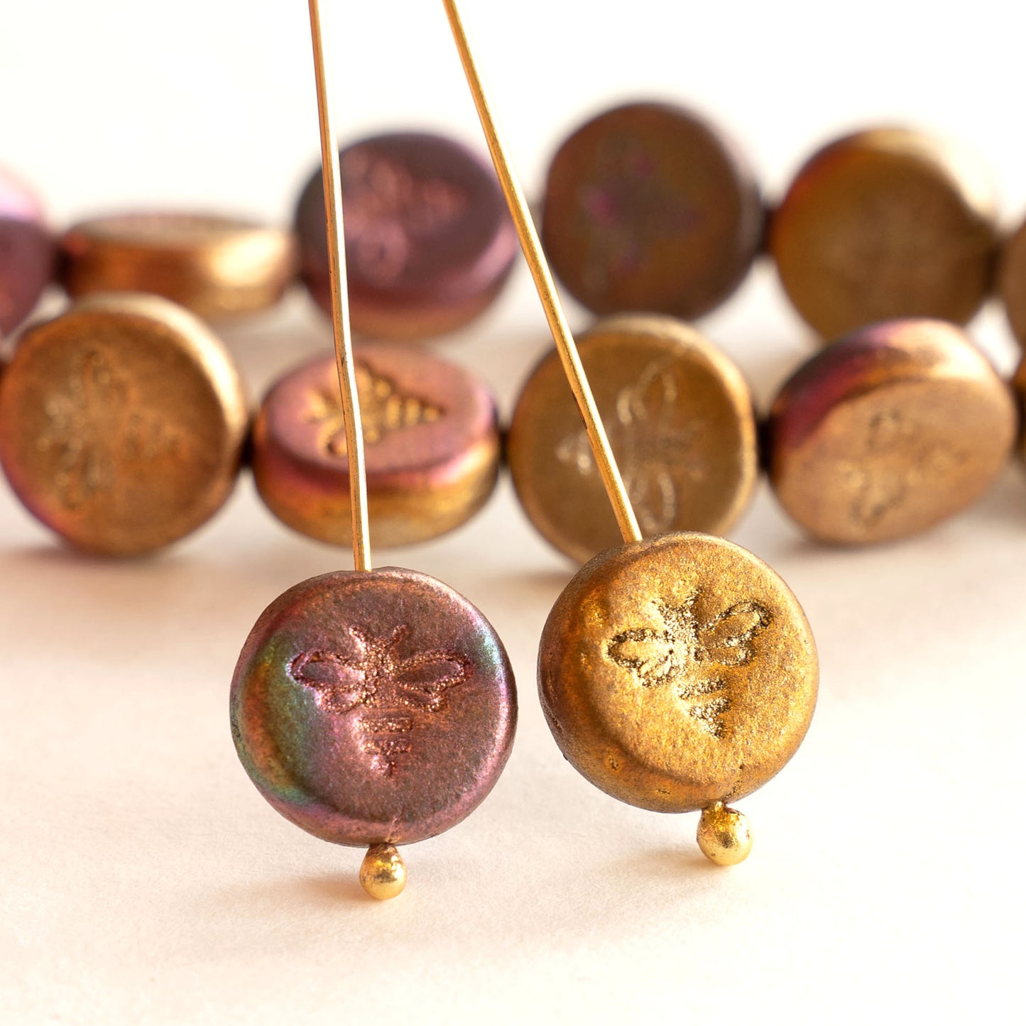 12mm Bee Coin Beads - Metallic Gold Iris - 12 beads