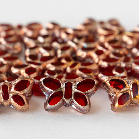 Glass Butterfly Beads - Red with Copper - 4 beads