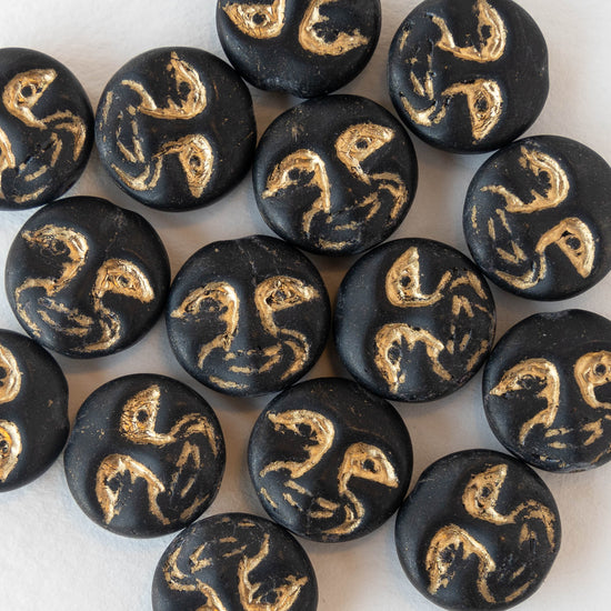 13mm Glass  Moon Coin - Black with Gold Wash - 6 beads